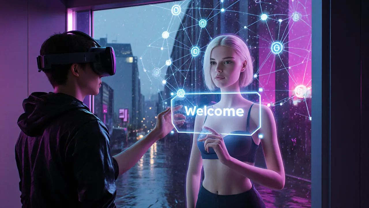 AI‑avatar, VR‑hologram en blockchain‑achtergrond in cyberpunk‑stijl.