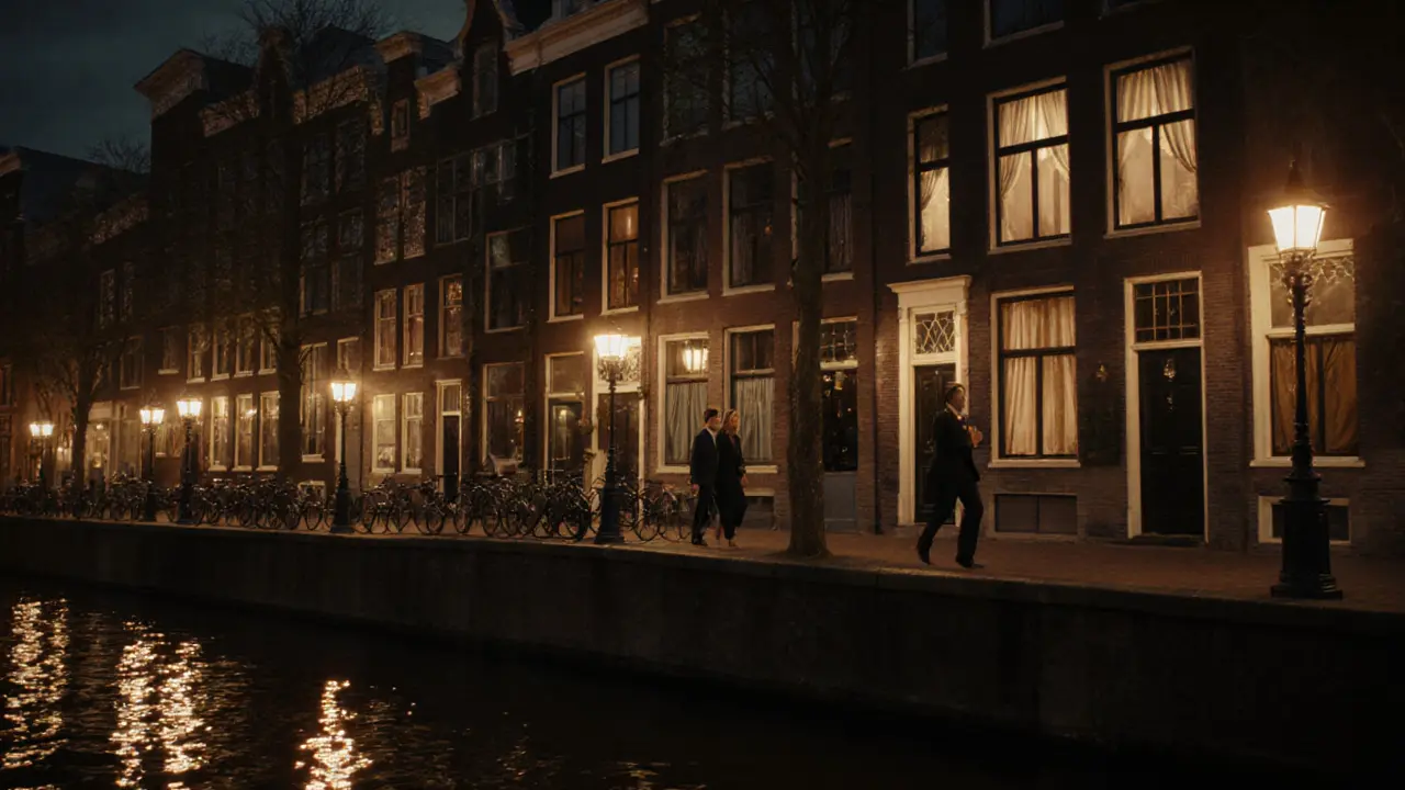 Amsterdamse rosse buurt bij nacht, zachte verlichting, toeristen en elegante escort bij een kanaal.