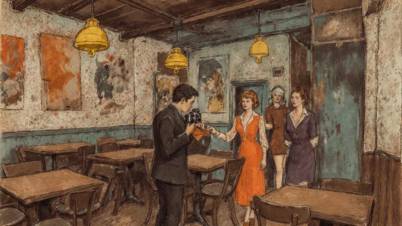 Café &#039;t Schaepke in de jaren 80, callgirls geven een envelop aan een fotograaf.