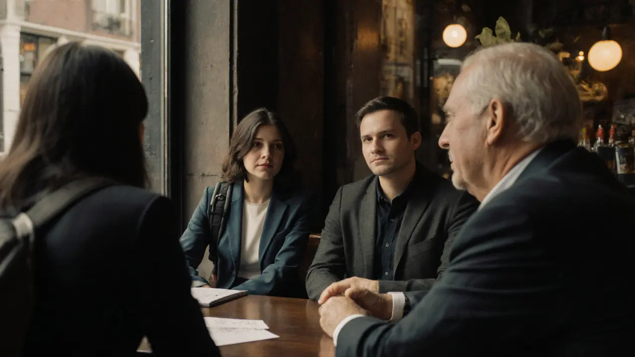 Drie klanten en een escort in een café, in rustig gesprek zonder seksuele suggesties.