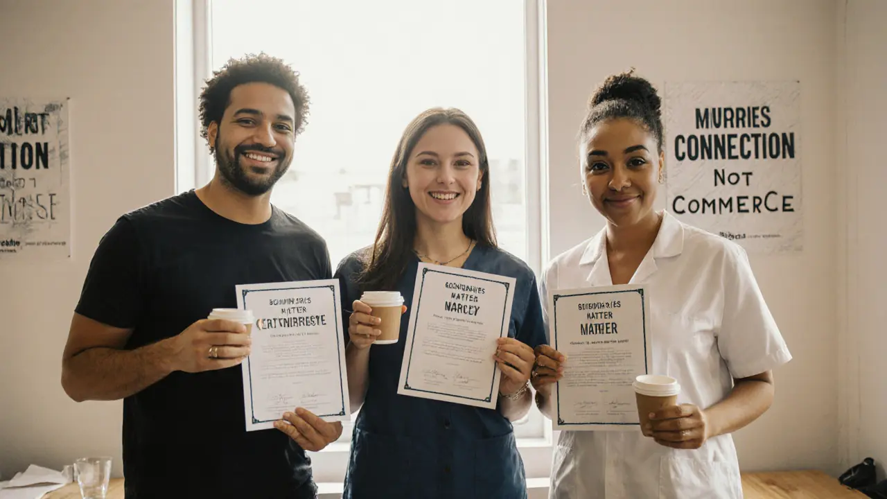 Drie professionals met certificaten voor emotionele veiligheid in een licht gevuld co-working ruimte.