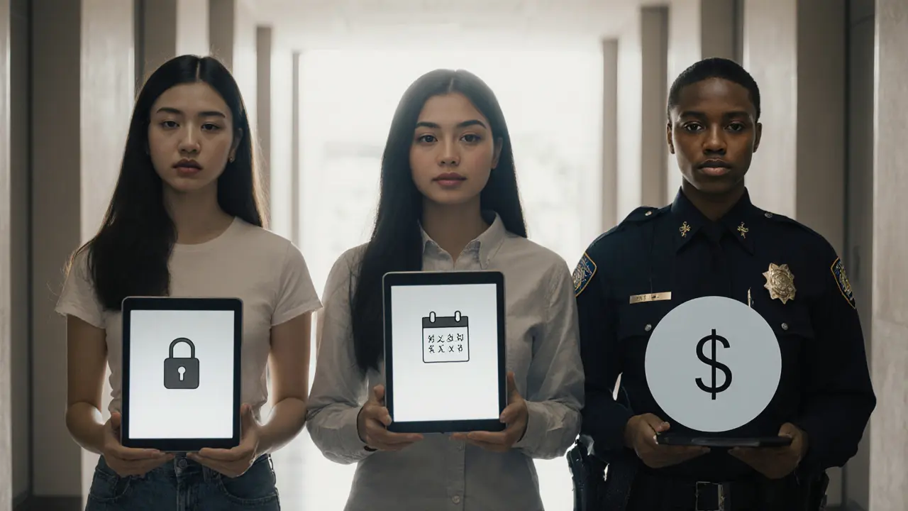 Drie vrouwen met verschillende achtergronden houden elk een tablet met hun eigen profiel.