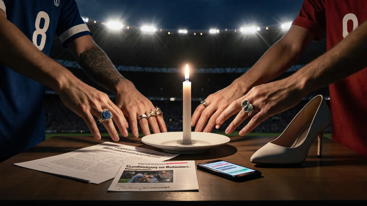 Een cirkel van handen uit de sport- en escortwereld die naar een doffe kaars reiken, omringd door symbolen van verwaarlozing.