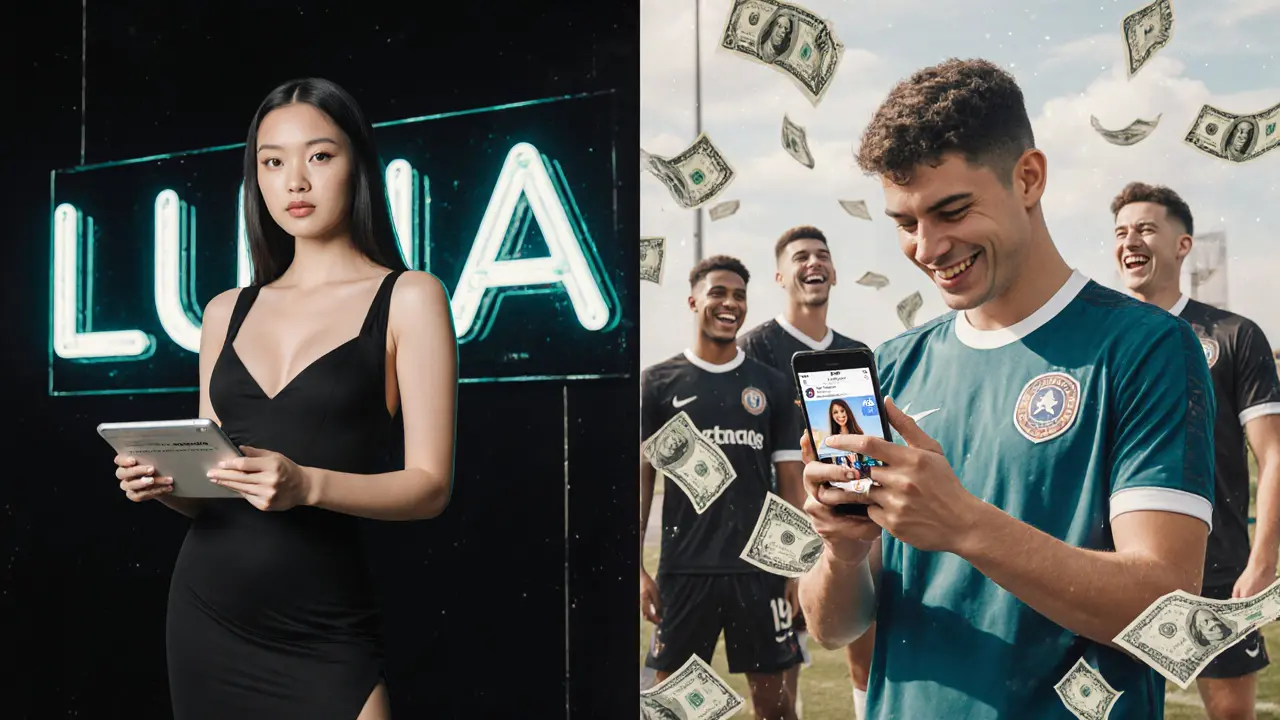 Een escort met haar professionele website aan de ene kant, een voetballer die haar Instagram bekijkt aan de andere kant.