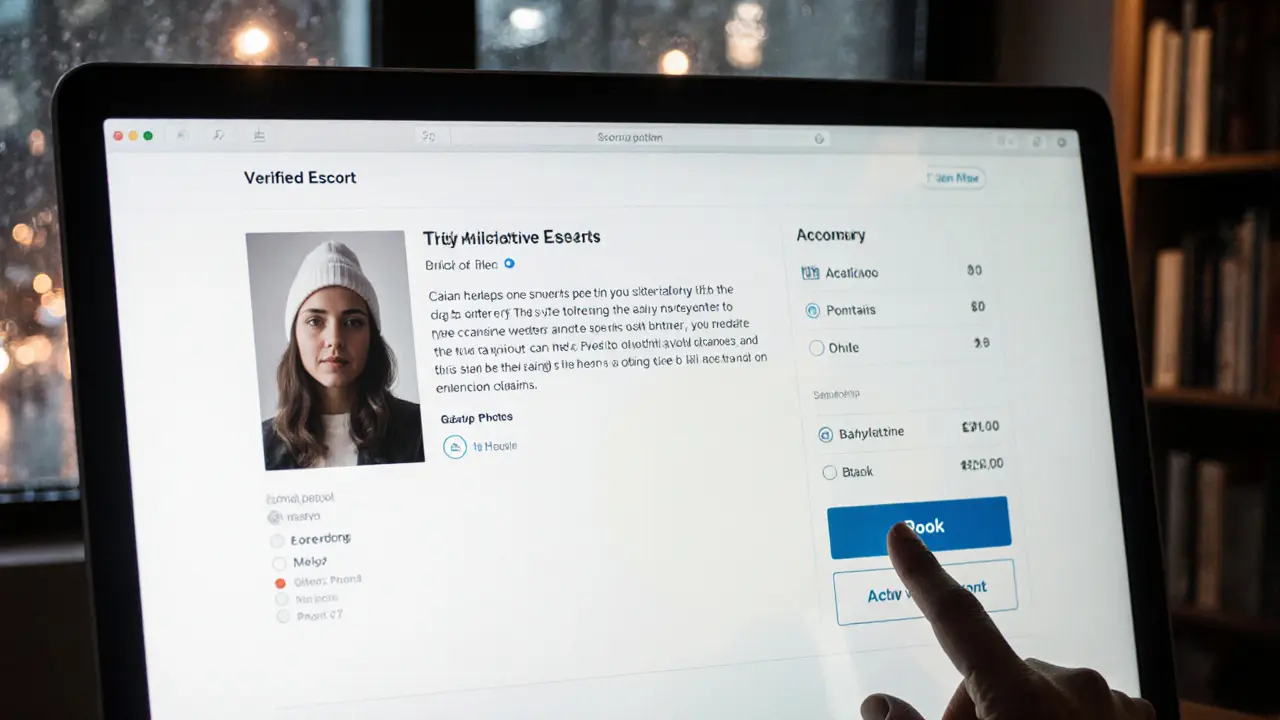 Een scherm met een geverifieerd escortprofiel met tekst over literatuur en grenzen, geen naakte foto’s.