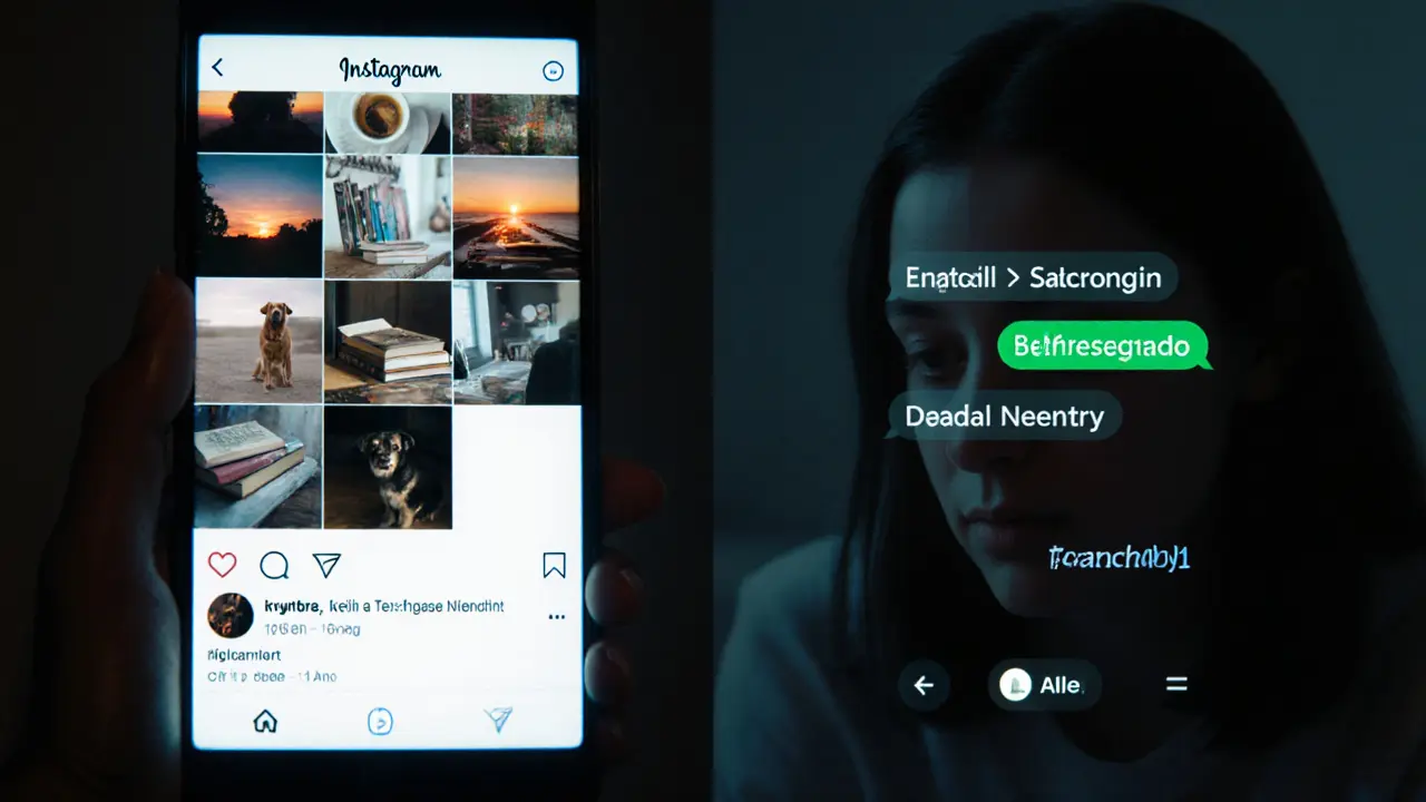 Een split-screen met een neutraal Instagram-profiel en een gecodeerde WhatsApp-chat, verlicht door schermlicht.