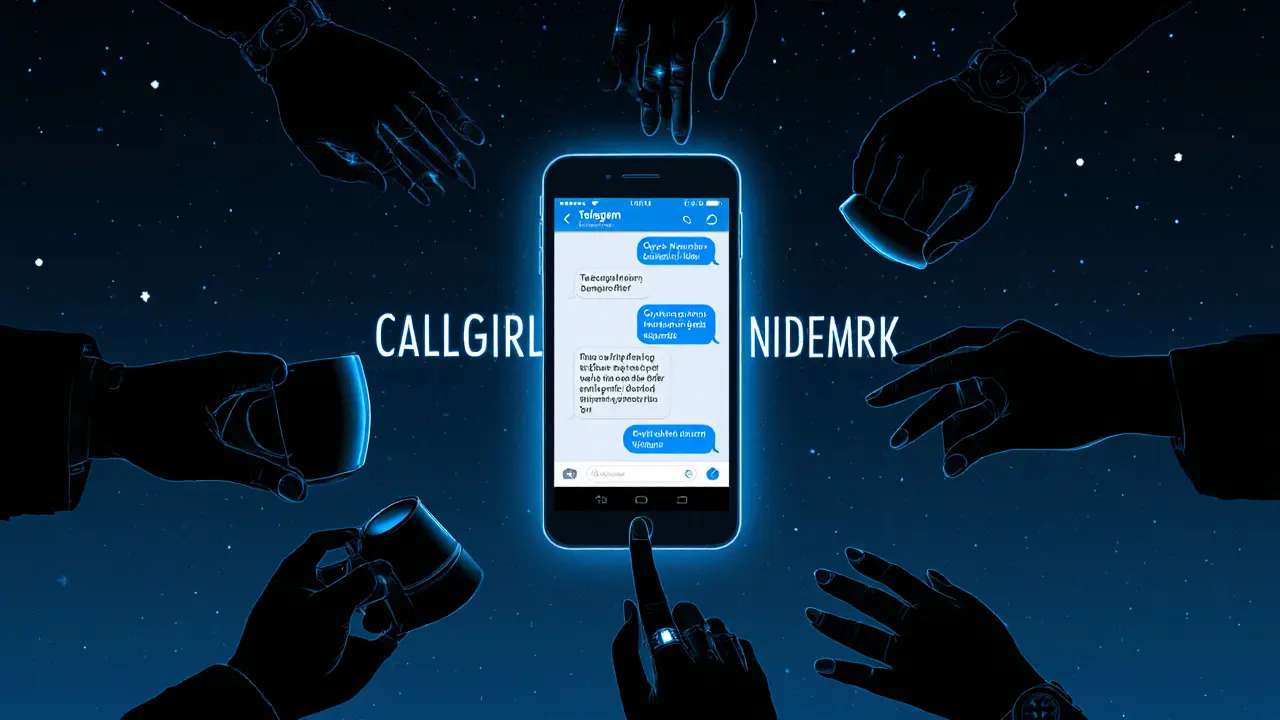 Een Telegram-chat wordt omringd door handen van een ondersteunend netwerk van callgirls.