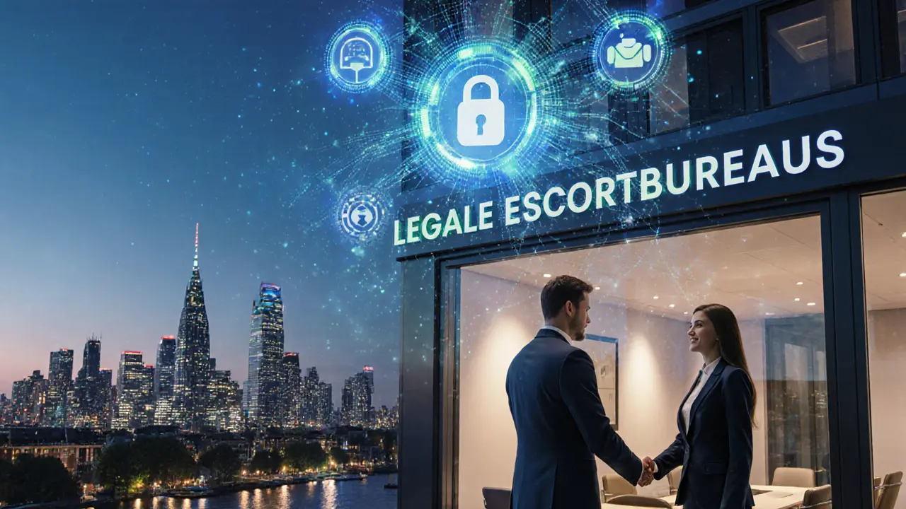 Futuristisch kantoorgebouw met holografische data en een escort die hand schudt met een reiziger.