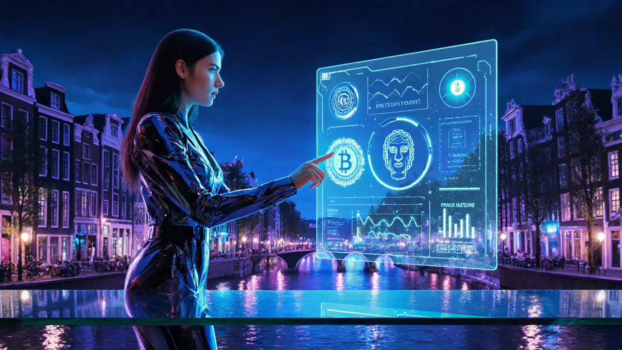 Futuristisch neon‑hub met hologrammen voor crypto‑betalingen, AI‑verificatie en paniek‑functie.