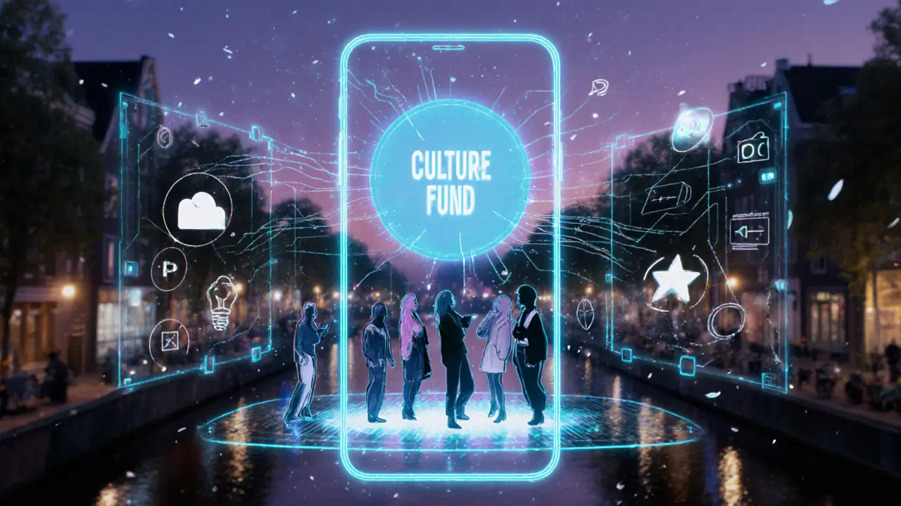 Futuristische app‑interface met Culture Fund‑icoon en silhouetten van callgirls en kunstenaars.
