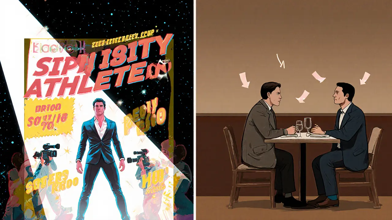 Gesplitste illustratie: glamour op tijdschrift en gewone ontmoeting in restaurant.