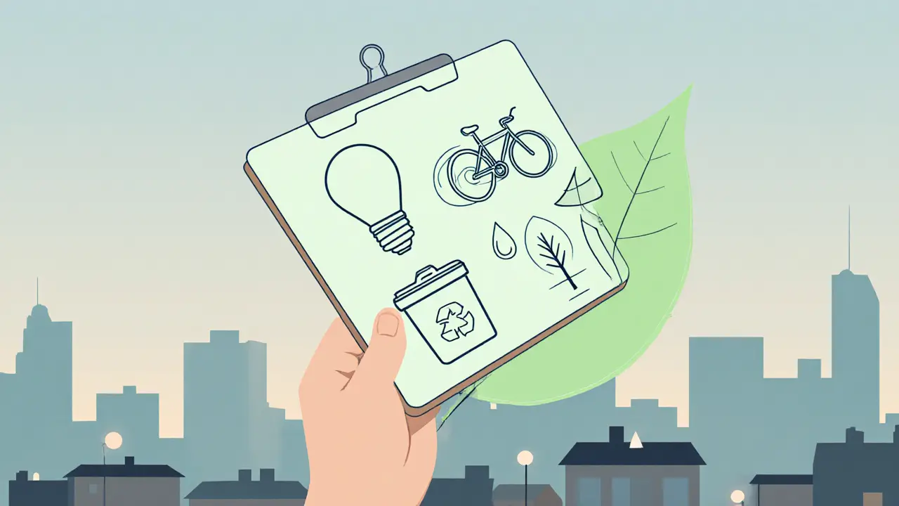 Hand houdt een blad‑vormig checklist‑clipboard met pictogrammen van LED, fiets, recycling, water en bomen.