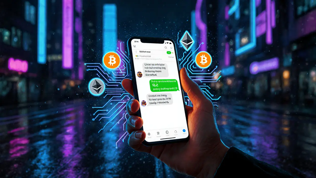 Hand houdt smartphone met versleutelde chat, 2FA-code en crypto‑logo’s in neonblauw licht.