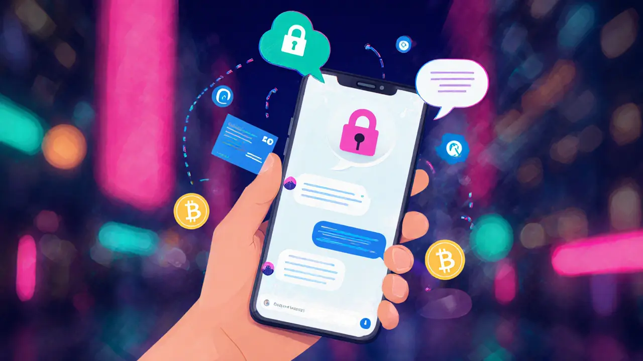 Hand met smartphone, chatbubbels, slot- en betaalicoontjes, neonachtergrond.