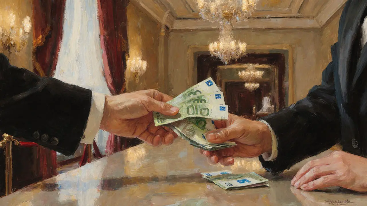 Handen wisselen eurobiljetten en een tip uit in een warme, impressionistische setting.