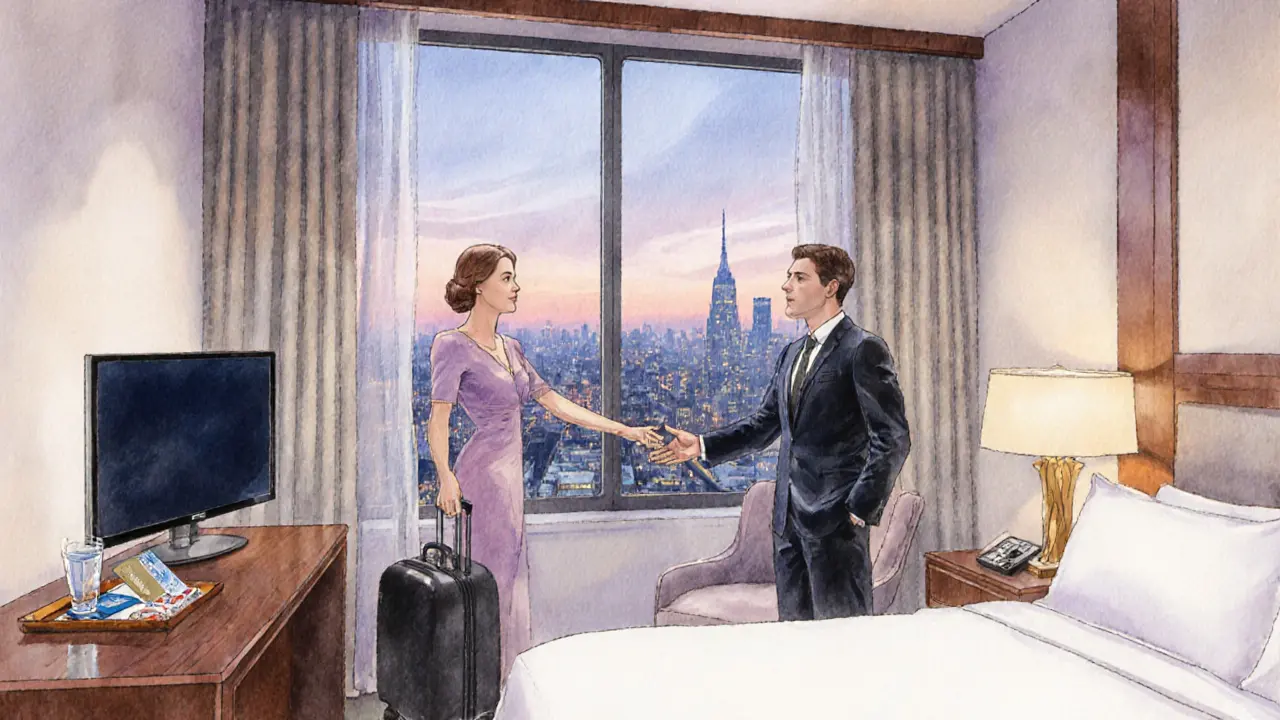 Hotelkamer met internationale reiziger die een Nederlandse escort ontmoet, rustige sfeer en beveiligde betaling.