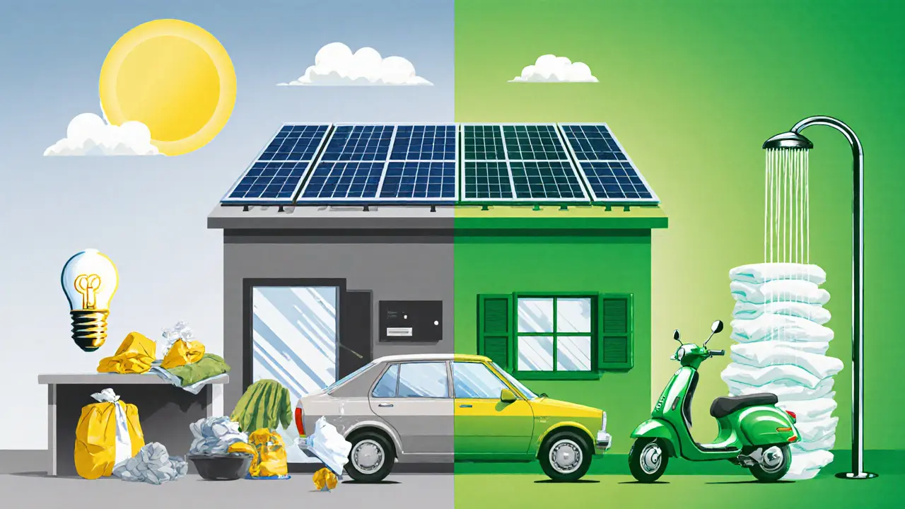 Illustratie van een escortlocatie met zonnepanelen, elektrische scooter, wasbare linnen en waterbesparende douche.