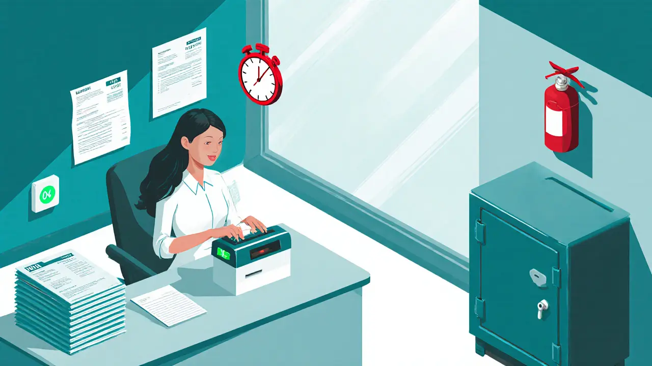 Interieur van een gelicentieerde callgirl: ID‑controle, belastingpapieren en alarmknop zichtbaar.