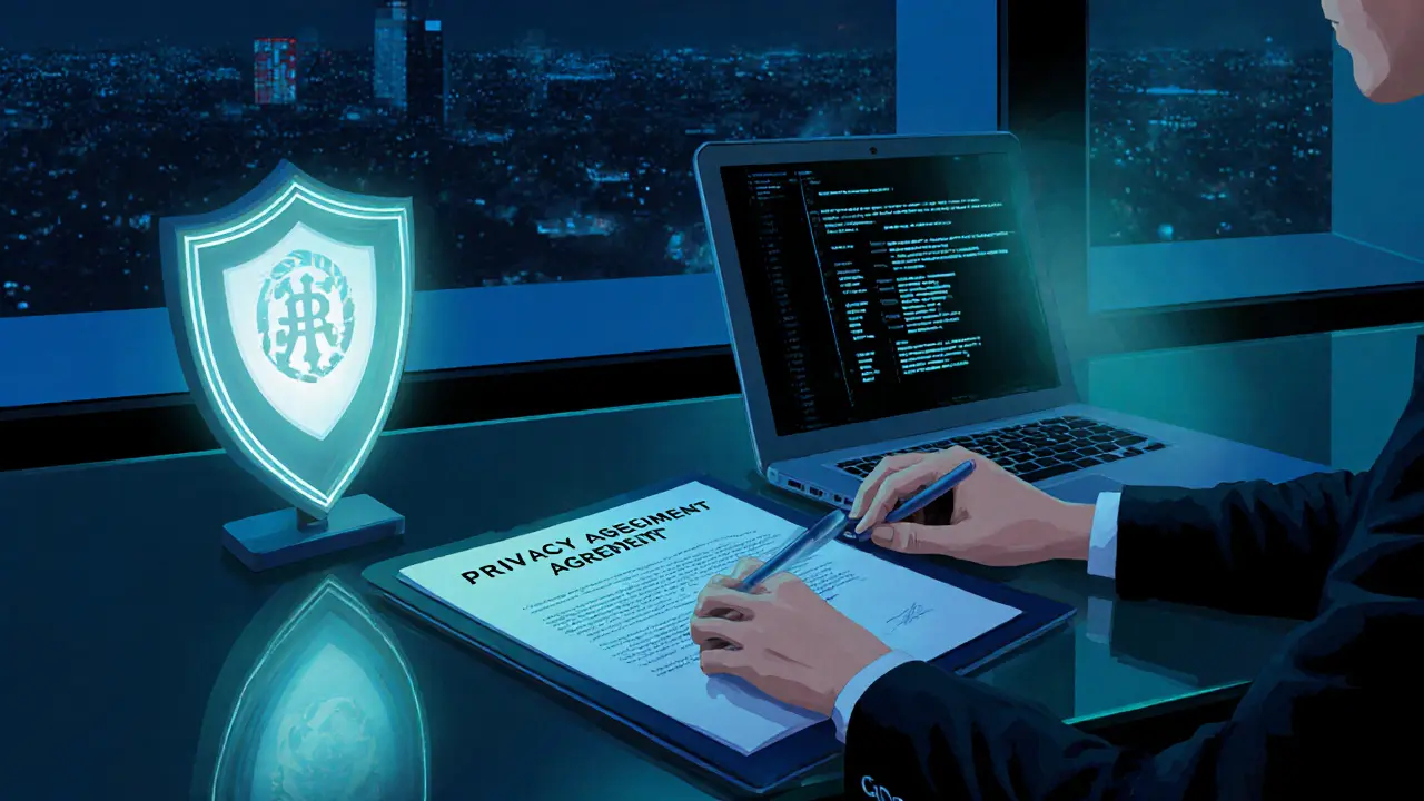 Kantoor met privacycontract, GDPR‑schild en versleutelde berichten op laptop.