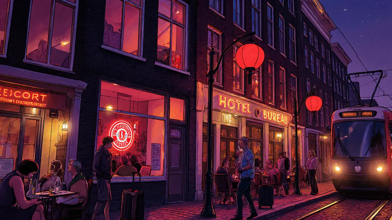 Levende avondscène in de rosse buurt met een geregistreerde escortbureau‑raam, cafés en toeristen.