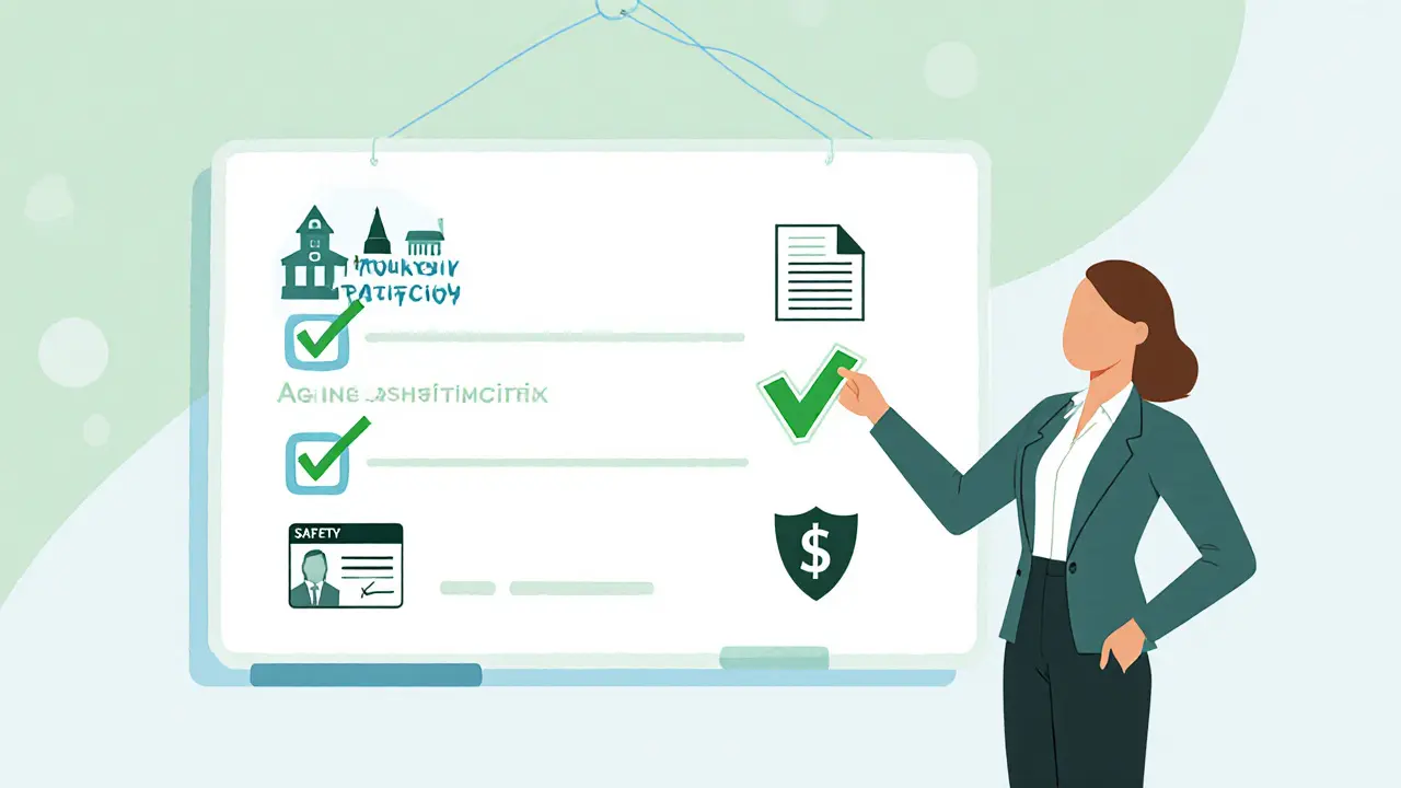 Minimalistische checklist met pictogrammen voor vergunning, leeftijd, belasting en veiligheid, checkmark wordt gezet.