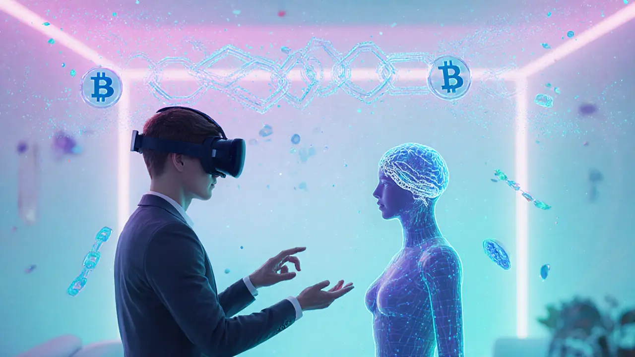 Personage met VR‑headset, holografische avatar, zwevende blockchain‑keten en AI‑data.