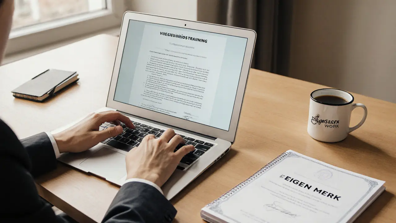 Professionele escort in kantoor met contract, certificaat en merknotities.