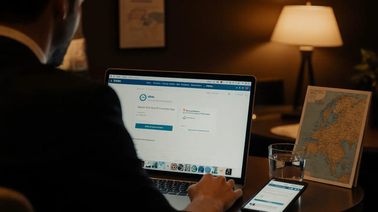 Reiziger in een boutique hotel lobby, laptop en iDEAL‑betalingsbevestiging zichtbaar.