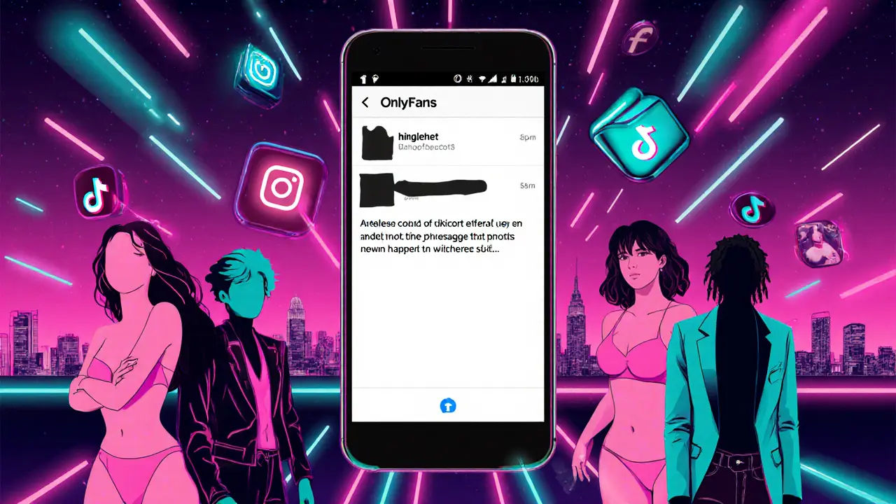 Smartphone met privé‑DM‑groep en glamoureuze escort‑profiel, omringd door neon‑sociale media‑iconen.