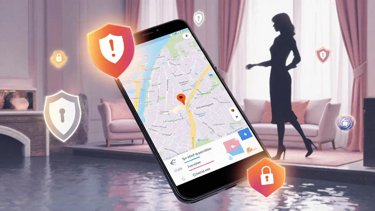 Smartphone toont GPS‑check‑in en panic‑knop naast silhouet in chique suite.