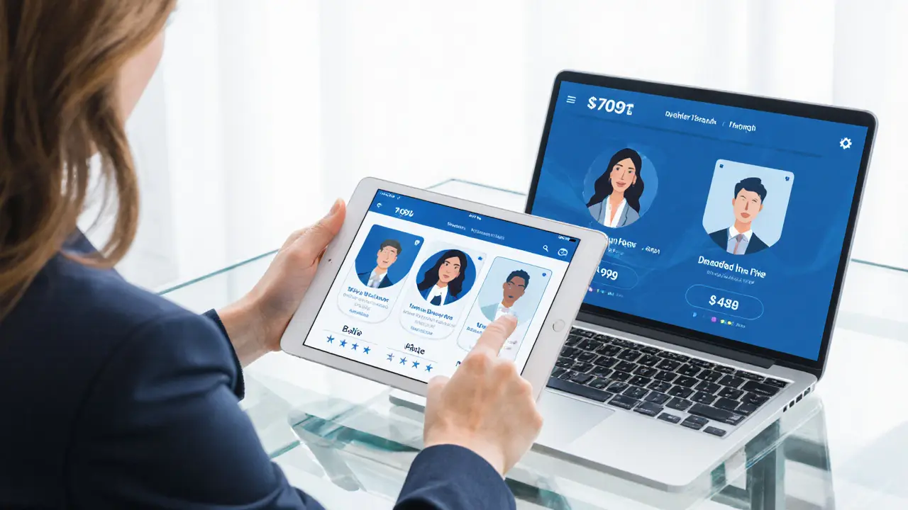 Tablet en laptop tonen abstracte profielkaarten, vrouw bekijkt platform.