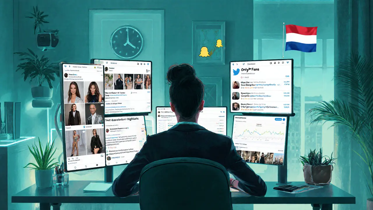 Thuiswerkplek met vier schermen: Instagram, Twitter, OnlyFans en Snapchat feeds.