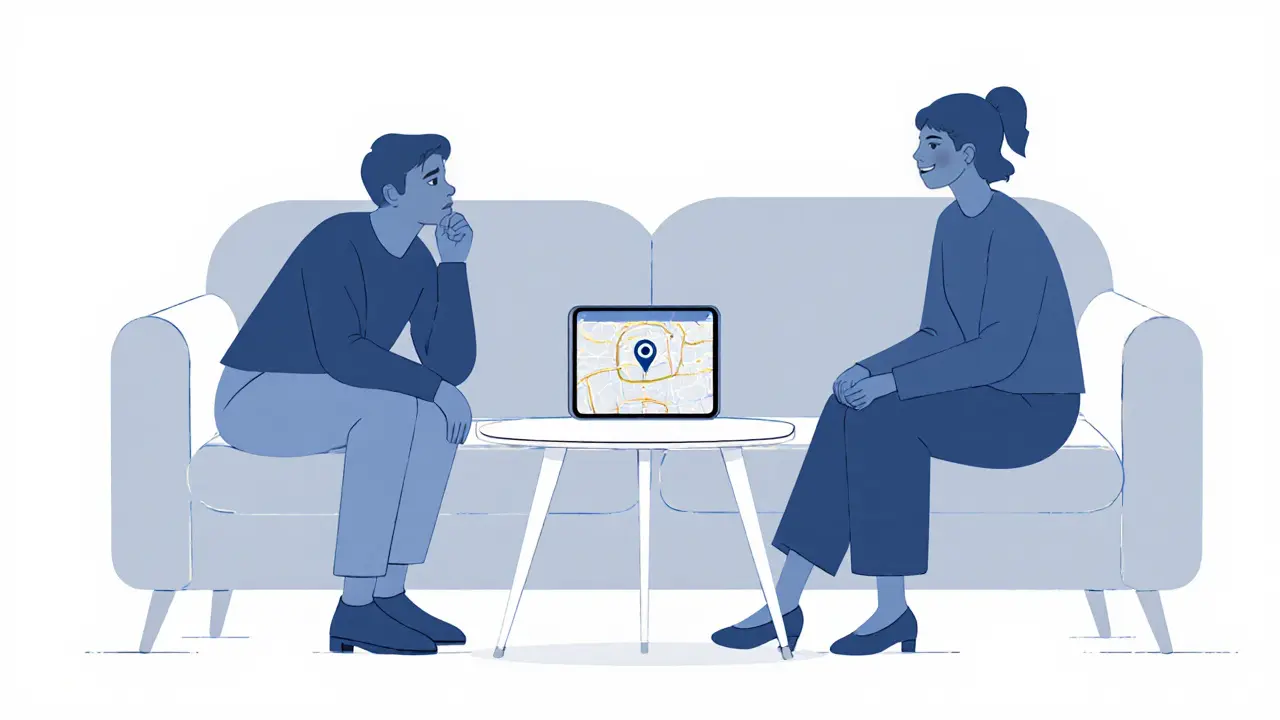 Twee personen praten in een lounge, terwijl een telefoonscherm de live‑locatie van een vriend toont.