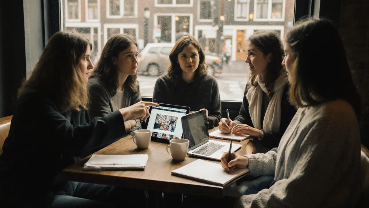 Vijf vrouwen in een café, samen aan het praten over sociale media, zonder enige advertentie of prijs.