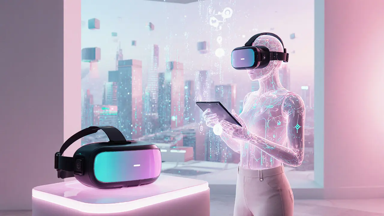 Virtueel lounge met avatar, AI‑chatbot‑hologram en data‑stromen rond een VR‑headset.
