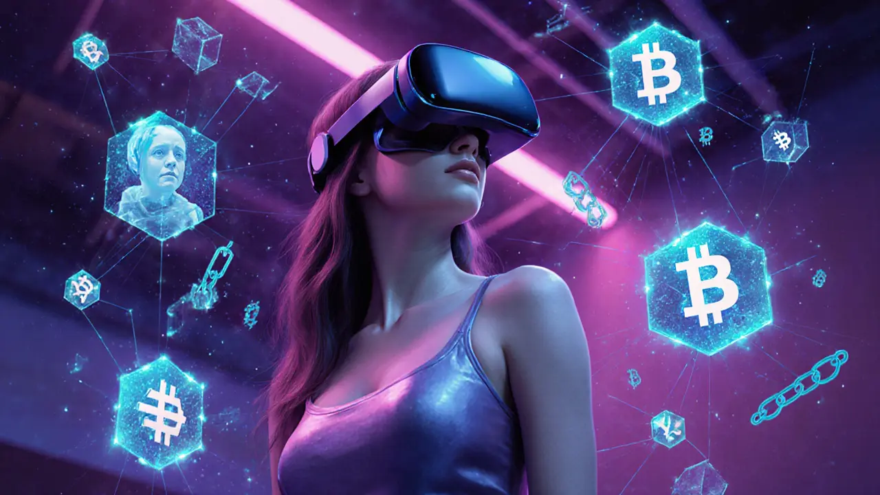 Vrouw draagt een VR‑headset, omringd door neon‑achtige blockchain‑ en avatar‑visualisaties.
