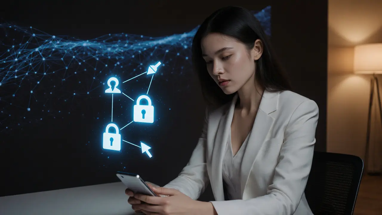 Vrouw in appartement bekijkt smartphone met holografische AI‑iconen en een privacy‑schild.