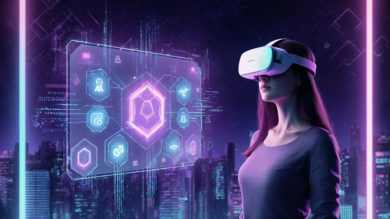 Vrouw met VR-headset interacteert met holografische data in futuristische lounge.