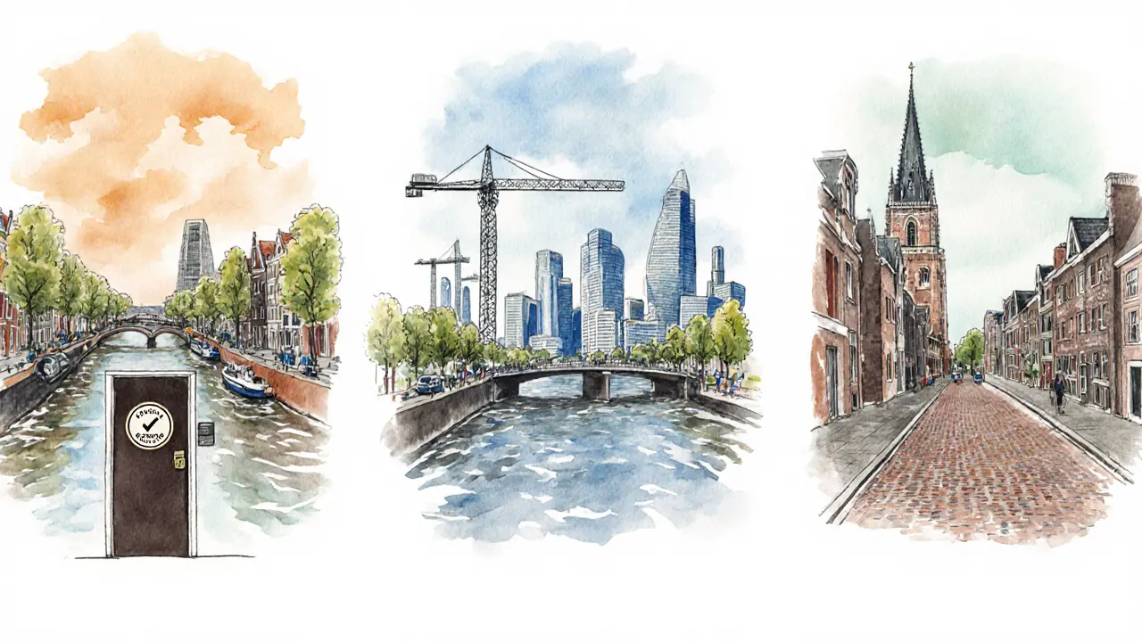 Waterverfschilderij van de skylines van Amsterdam, Rotterdam en Utrecht met subtiele keurmerkjes.