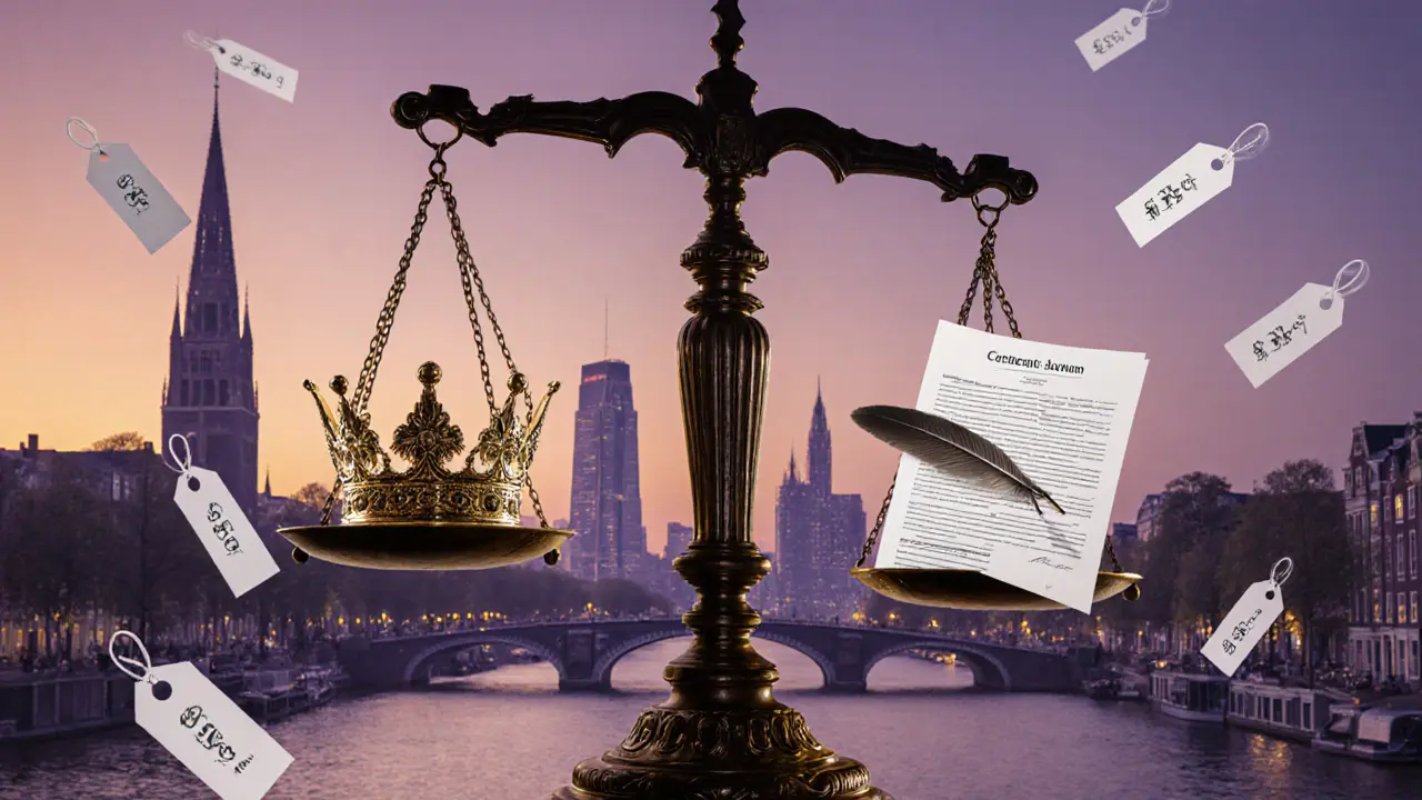 Weegschaal met een gouden kroon en een instemmingsformulier, tegen een avond‑Amsterdam skyline.