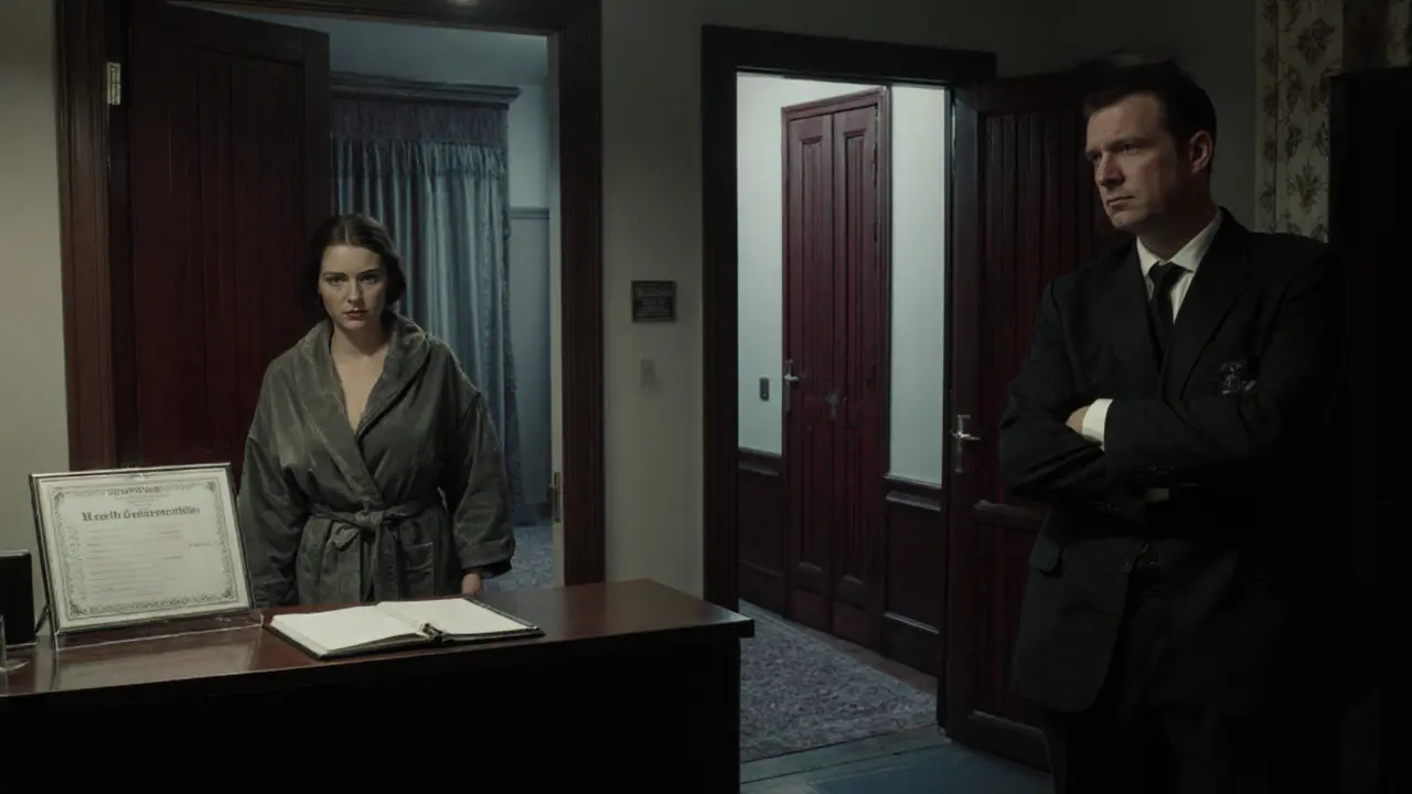 Bordellom binnen in Amsterdam met drie kamers, een receptionist en een bewaker in rustige sfeer.