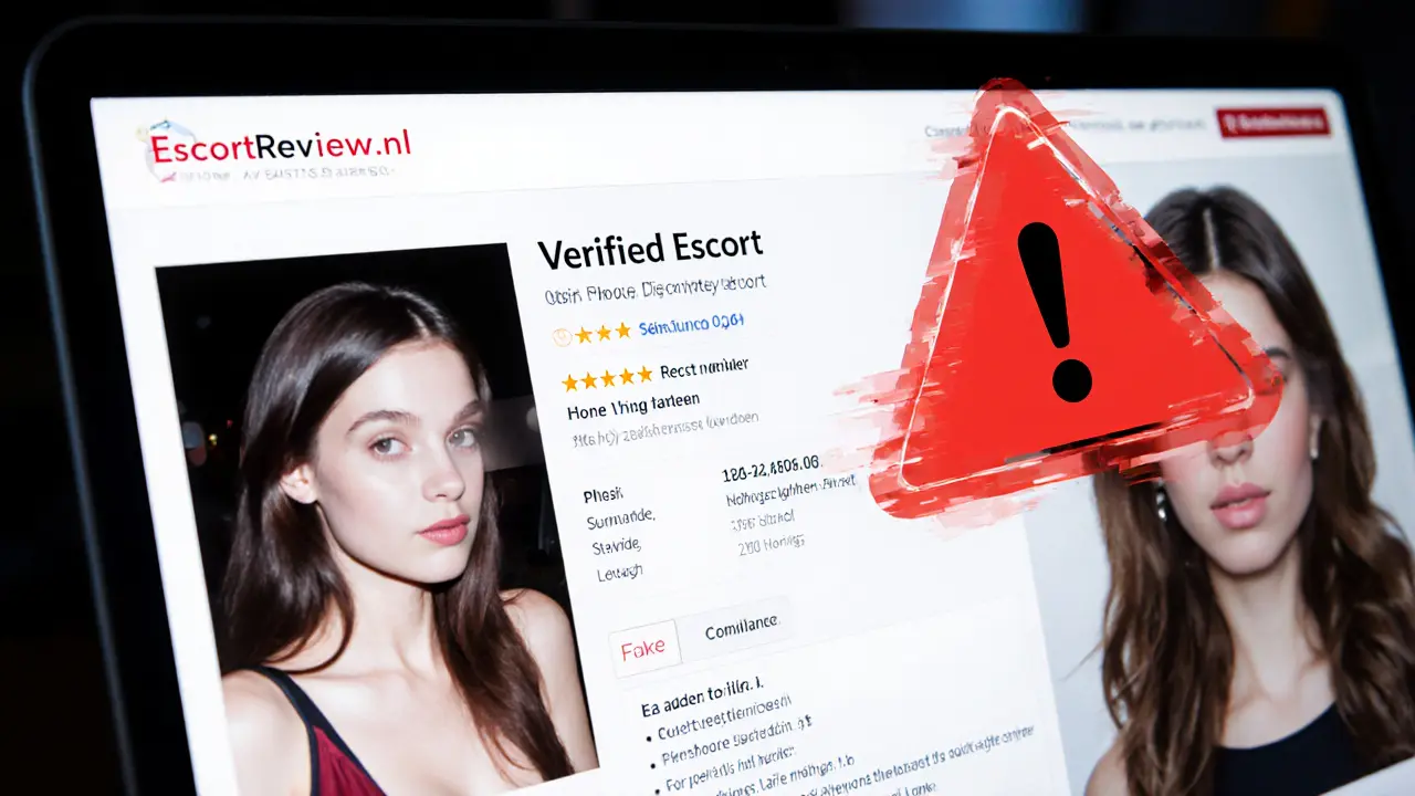 Computer screen comparing a legitimate escort website with a fraudulent profile.