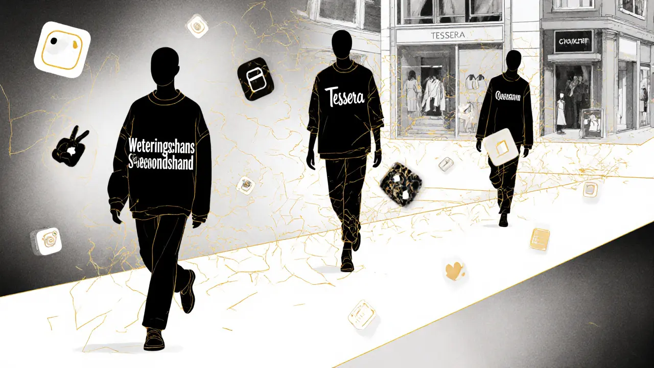 Conceptuele illustratie van een modecatwalk met faceless modellen en sociale media-elementen.