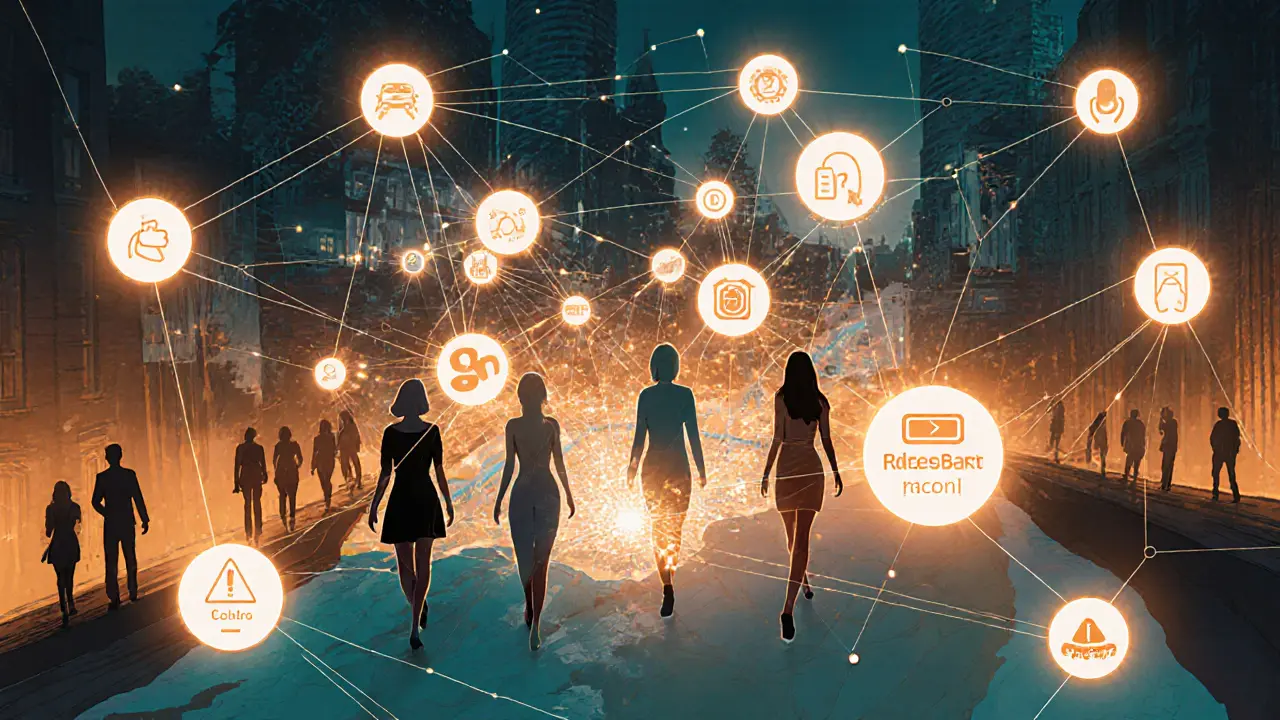 Digitale kaart van Rotterdam met knopen die zelfstandige callgirls en veiligheidsapps verbinden, in warme kleuren.