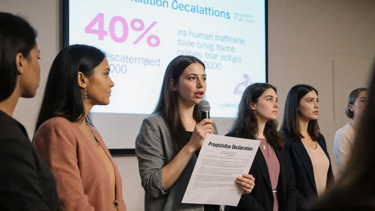Diverse vrouwen in een gemeenschapscentrum tijdens een publieke discussie over seksuele arbeid, met statistieken op een scherm.