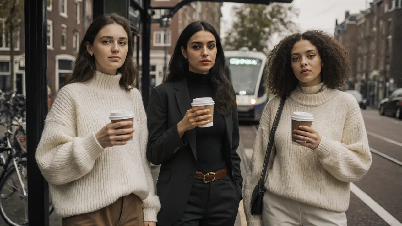 Drie Nederlandse vrouwen in minimalistische streetwear staan bij een tramhalte in Rotterdam.