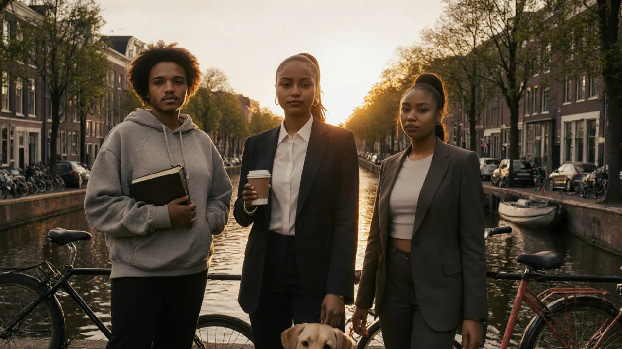 Drie vrouwen in alledaagse kleding in een park, elk met hun eigen stilte en waardigheid.