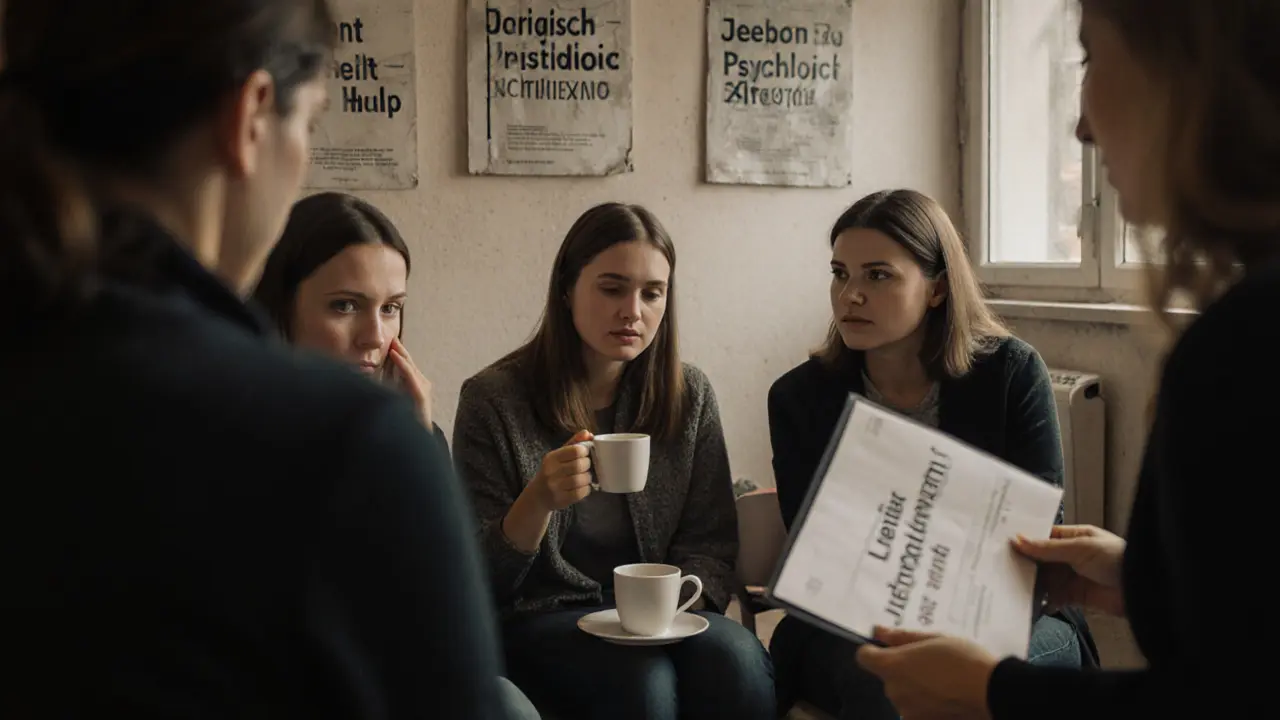 Drie vrouwen in een steungroep, een counselor geeft hen informatie over juridische en psychologische hulp.