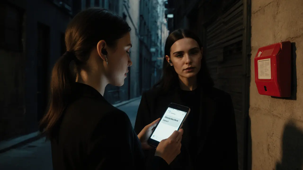 Een escort en haar veiligheidscontact in een donkere straat, met een noodknop zichtbaar op de muur.