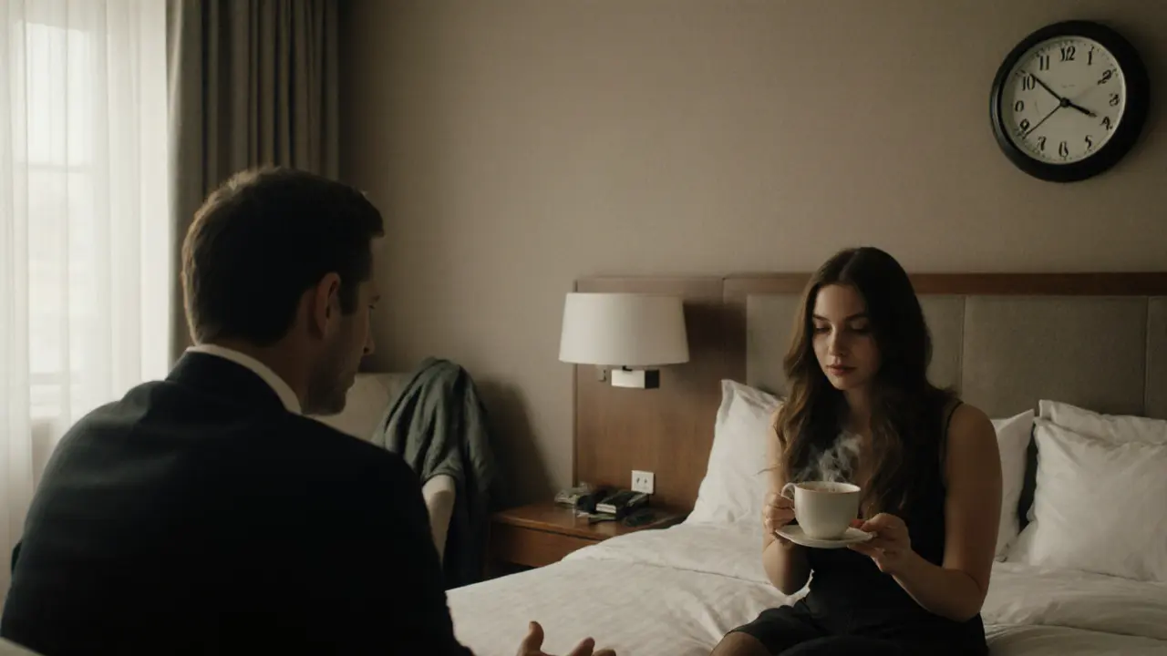 Een escort en klant praten rustig in een hotelkamer, geen fysieke nabijheid, alleen menselijke verbinding.